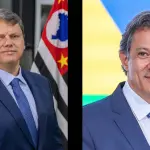 À esquerda, o governador de São Paulo, Tarcísio de Freitas; à direita, o ministro da Fazenda, Fernando Haddad