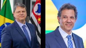 À esquerda, o governador de São Paulo, Tarcísio de Freitas; à direita, o ministro da Fazenda, Fernando Haddad