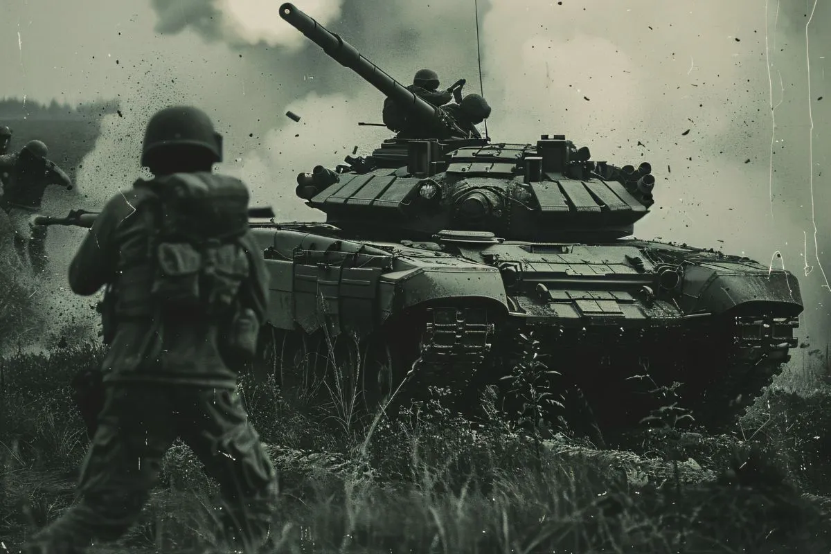 Soldado em primeiro plano com tanque de guerra disparando ao fundo em cenário de combate intenso