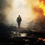 Soldado caminhando em campo de batalha com fogo e fumaça em cenário de guerra intensa