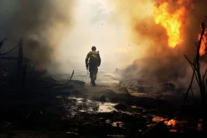Soldado caminhando em campo de batalha com fogo e fumaça em cenário de guerra intensa