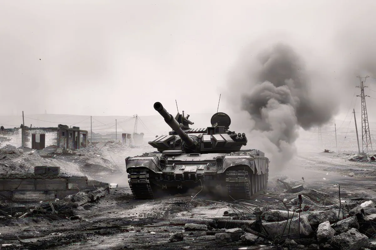 Tanque militar em área destruída com fumaça e escombros em cenário de guerra urbana