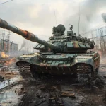 Tanque militar avançando em cidade destruída com incêndios e fumaça durante conflito armado