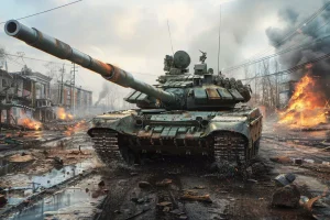 Tanque militar avançando em cidade destruída com incêndios e fumaça durante conflito armado