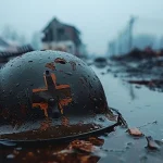 Capacete militar enferrujado em meio à água e destroços em cenário de guerra e destruição