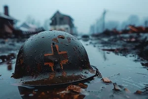 Capacete militar enferrujado em meio à água e destroços em cenário de guerra e destruição