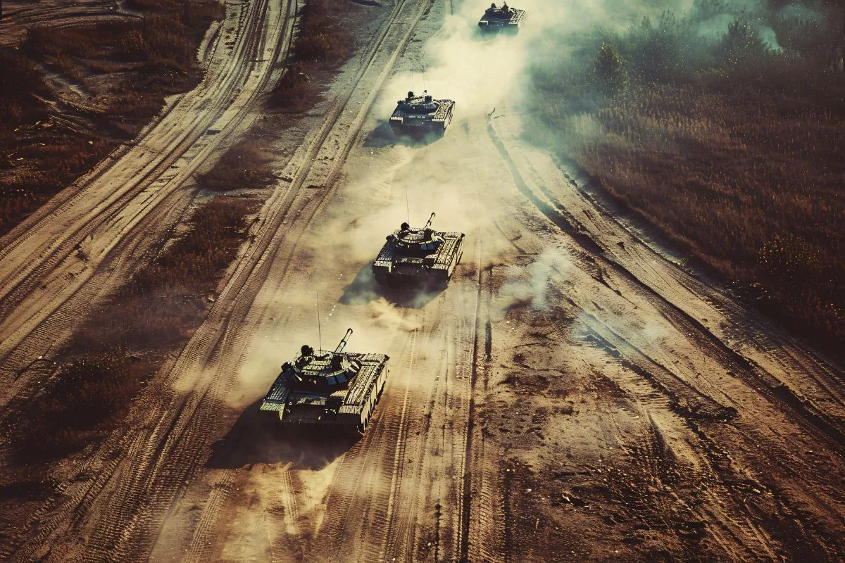 Tanques militares avançando em estrada de terra com poeira em operação de guerra terrestre