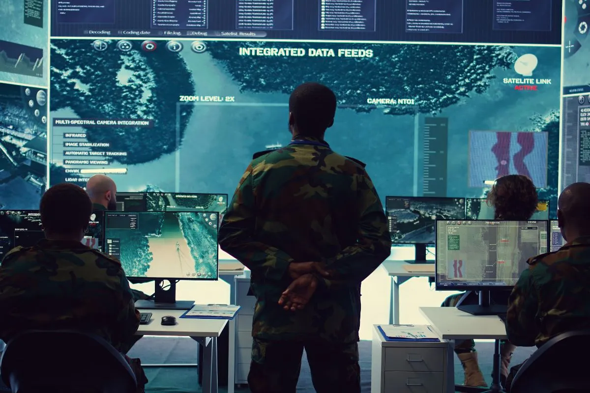 Equipe militar analisando mapas e dados em telas de monitoramento em centro de comando estratégico