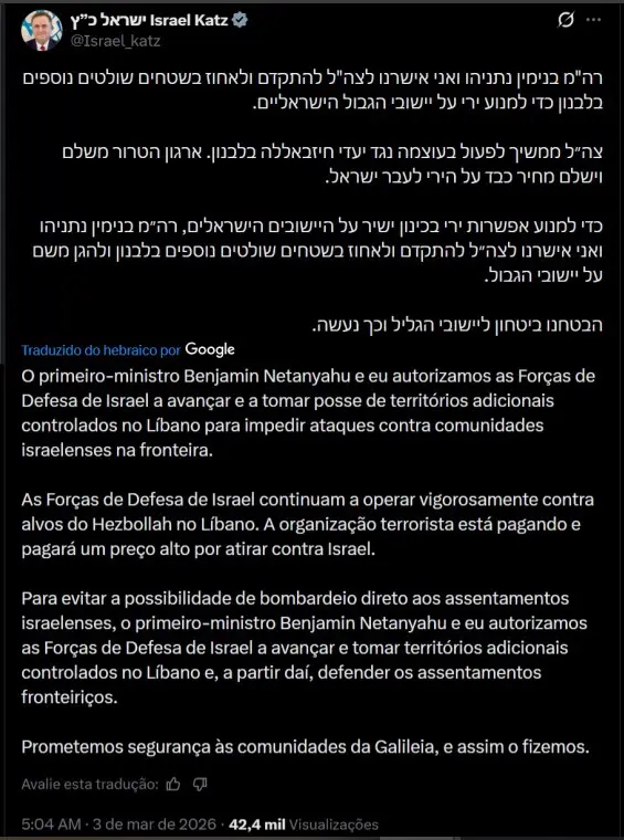 Israel anuncia avanço de tropas no sul do Líbano