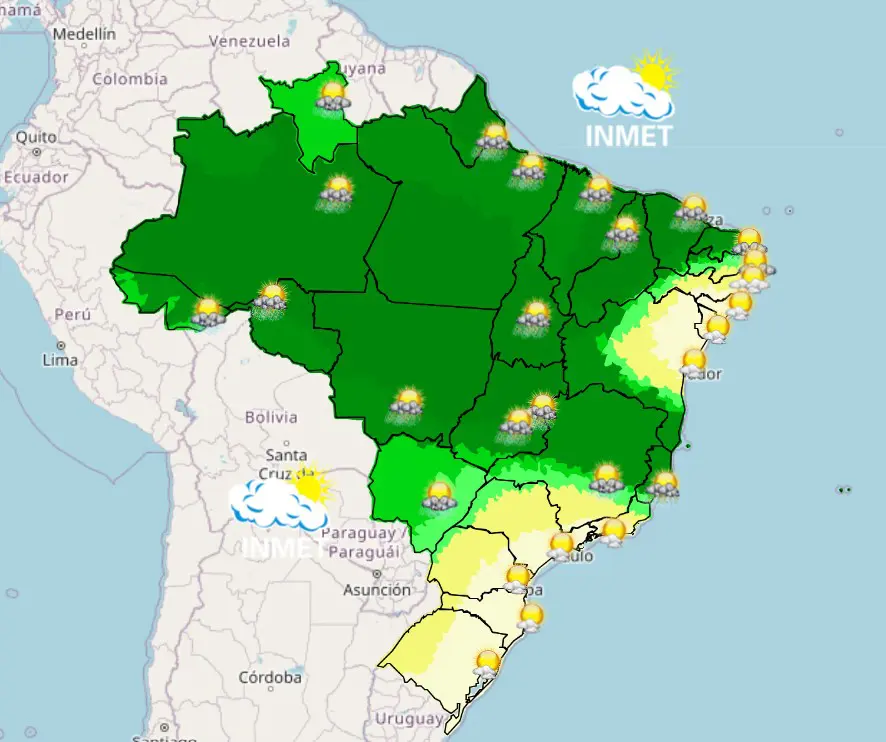 mapa do brasil - pancadas de chuva e trovoadas para 16032026