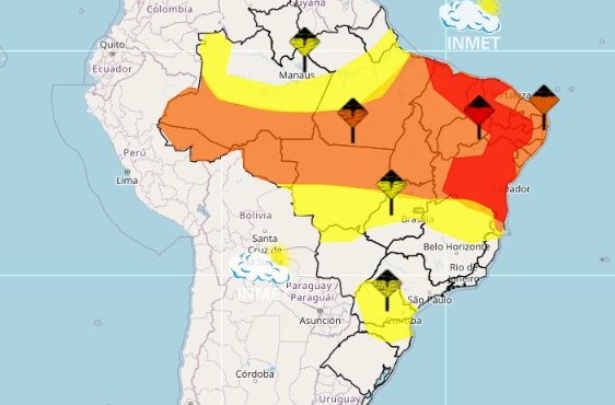 Mapa mostra locais alertas do Inmet para esta segunda-feira, 2/3/2026 | Foto: Reprodução/Inmet