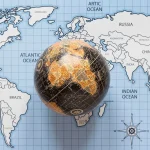 Globo terrestre sobre um mapa-múndi mostrando continentes como América, África, Europa, Ásia e oceanos ao redor