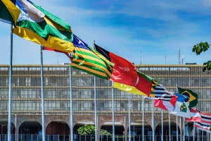 Bandeiras dos estados do Brasil hasteadas com o Congresso Nacional ao fundo em Brasília