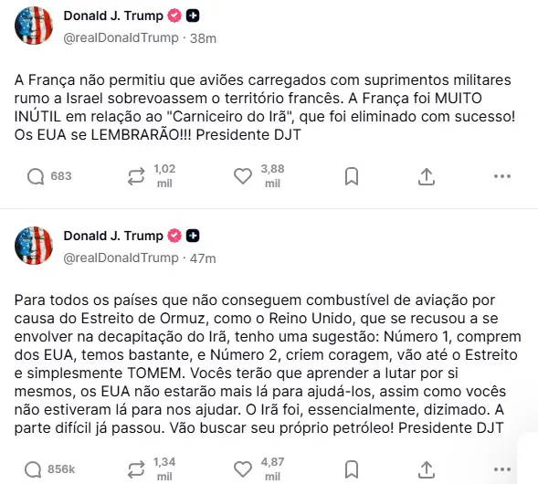 Posts de Donald Trump na Truth Social - 31/03/2026 | Foto: Reprodução/Truth Social