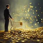 Homem de terno segurando carrinho de compras em cima de uma grande pilha de moedas de ouro simbolizando riqueza, investimentos e acúmulo de dinheiro.