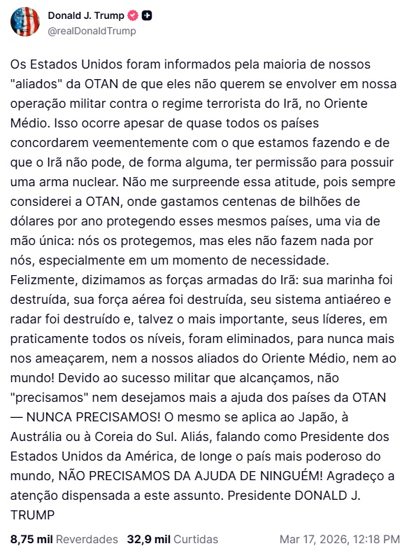 Publicação de Trump na Truth Social | Foto: Reprodução