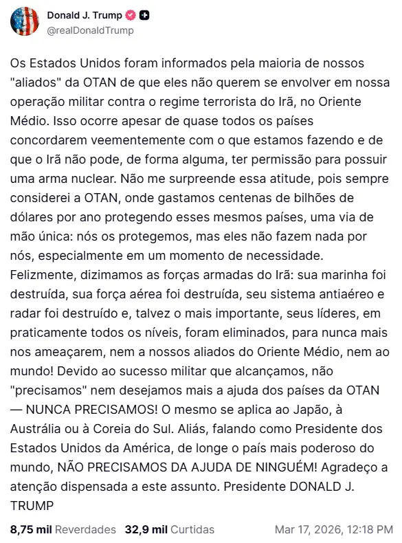 Publicação de Trump na Truth Social | Foto: Reprodução