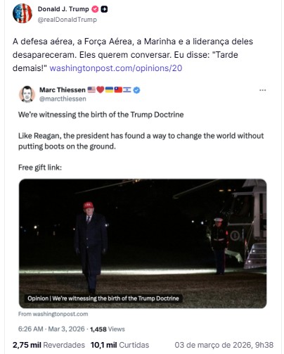 Postagem de Trump em 3/3/2026 | Foto: Reprodução