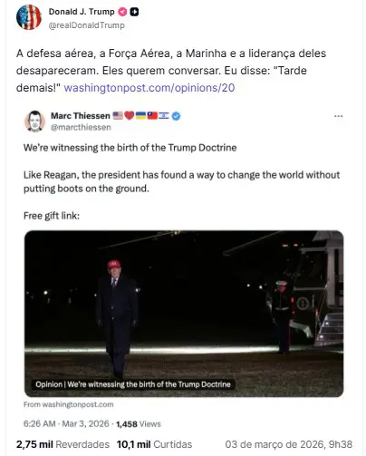 Postagem de Trump em 3/3/2026 | Foto: Reprodução