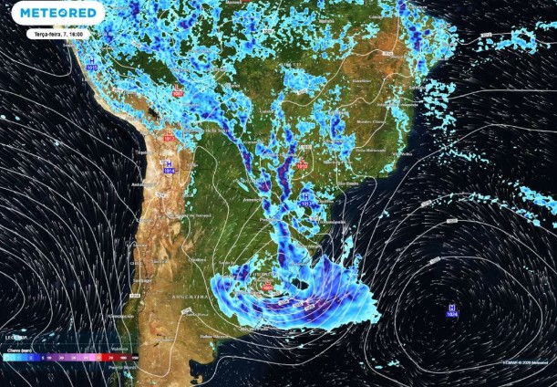 Previsão de chuvas, pressão e direção do vento para a terça-feira, 7