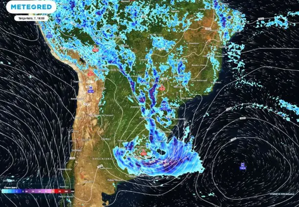 Previsão de chuvas, pressão e direção do vento para a terça-feira, 7