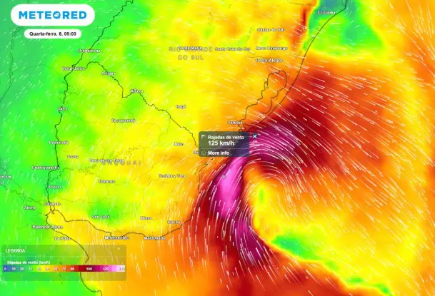 Previsão de rajadas de vento na quarta-feira de manhã mostra que os ventos nas regiões litorâneas do Rio Grande do Sul podem chegar a até 125 km/h, causando transtornos no litoral