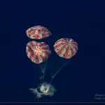 Momento em que a cápsula Orion toca o mar do Pacífico, nos EUA | Foto: Reprodução/X/@Nasa