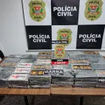 Polícia Civil exibe carga apreendida neste domingo, 5, próximo ao Aeroporto Internacional de Guarulhos: 110 tijolos de cocaína | Foto: Divulgação/PCSP