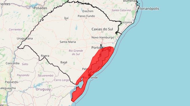 Vendaval atinge principalmente a faixa costeira e está associado a um ciclone extratropical que atua sobre o Uruguai e se desloca em direção ao oceano | Foto: Reprodução/Inmet