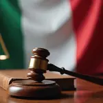 Balança da Justiça em madeira sobre mesa com a bandeira da Itália ao fundo, simbolizando o direito à cidadania italiana.