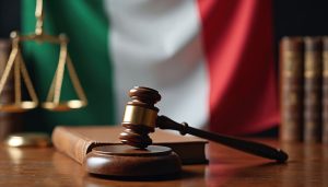 Balança da Justiça em madeira sobre mesa com a bandeira da Itália ao fundo, simbolizando o direito à cidadania italiana.