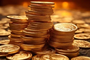 Pilhas de moedas douradas organizadas simbolizando investimento e acúmulo de riqueza
