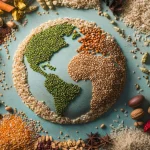 Mapa do mundo formado por grãos e sementes representando commodities agrícolas globais
