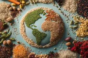 Mapa do mundo formado por grãos e sementes representando commodities agrícolas globais