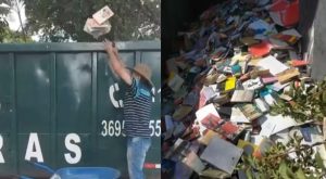 Descarte de livros de biblioteca em caçamba, em Osasco (SP)
