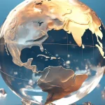Globo terrestre com continentes em dourado simbolizando economia global, riqueza e mercados internacionais