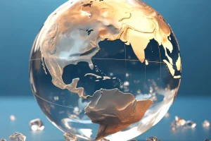 Globo terrestre com continentes em dourado simbolizando economia global, riqueza e mercados internacionais