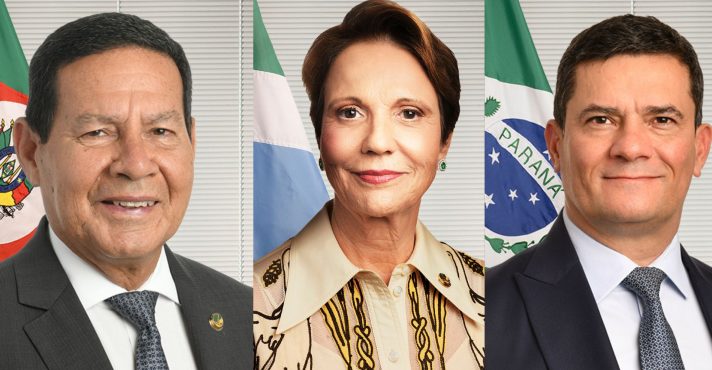 Da esquerda para a direita, os senadores Hamilton Mourão, Tereza Cristina e Sergio Moro. Eles criticaram ação do governo Lula para rejeitar relatório da CPI do Crime Organizado