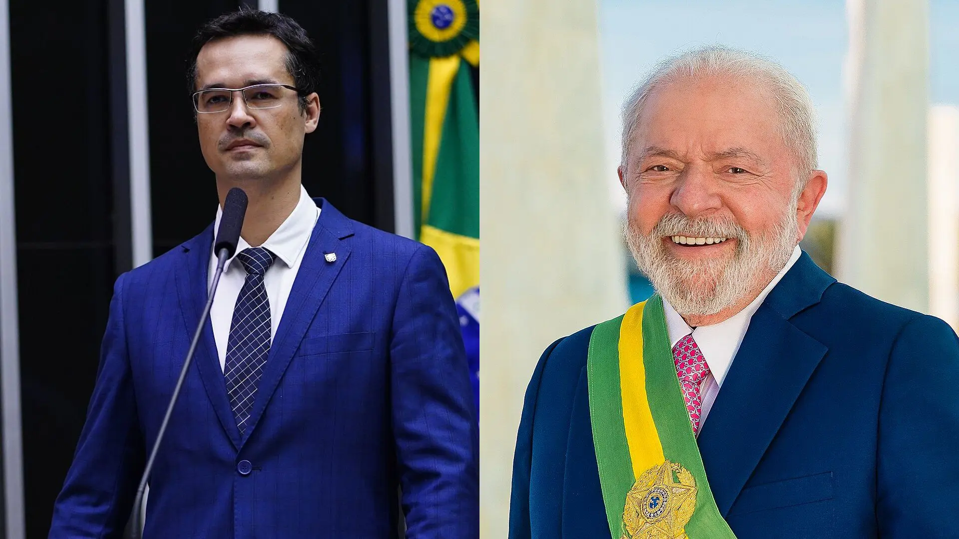 À esquerda o ex-procurador Deltan Dallagnol; à direita, o presidente Luiz Inácio Lula da Silva