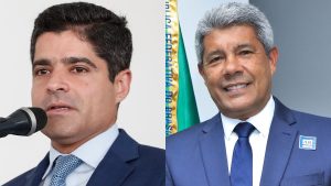 À esquerda, o ex-prefeito de Salvador ACM Neto (União); à direita, o governador da Bahia, Jerônimo Rodrigues (PT)