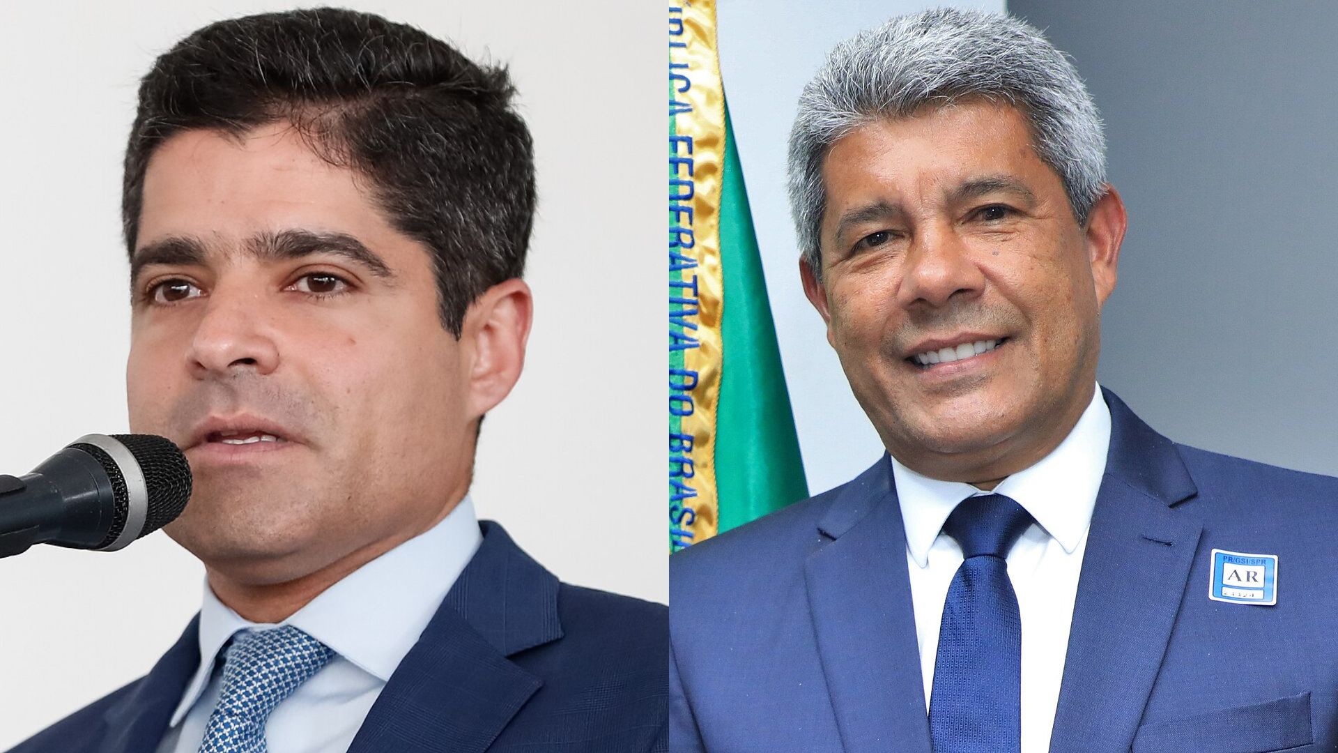 À esquerda, o ex-prefeito de Salvador ACM Neto (União); à direita, o governador da Bahia, Jerônimo Rodrigues (PT)