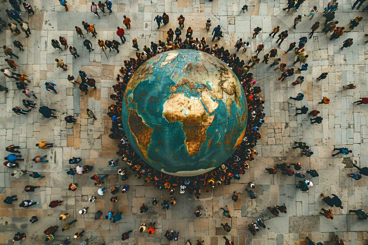 Vista aérea de multidão ao redor de globo terrestre em praça, representando globalização e diversidade de pessoas