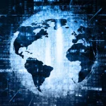 Globo terrestre digital com conexões de rede e códigos binários representando internet e tecnologia global