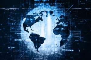 Globo terrestre digital com conexões de rede e códigos binários representando internet e tecnologia global