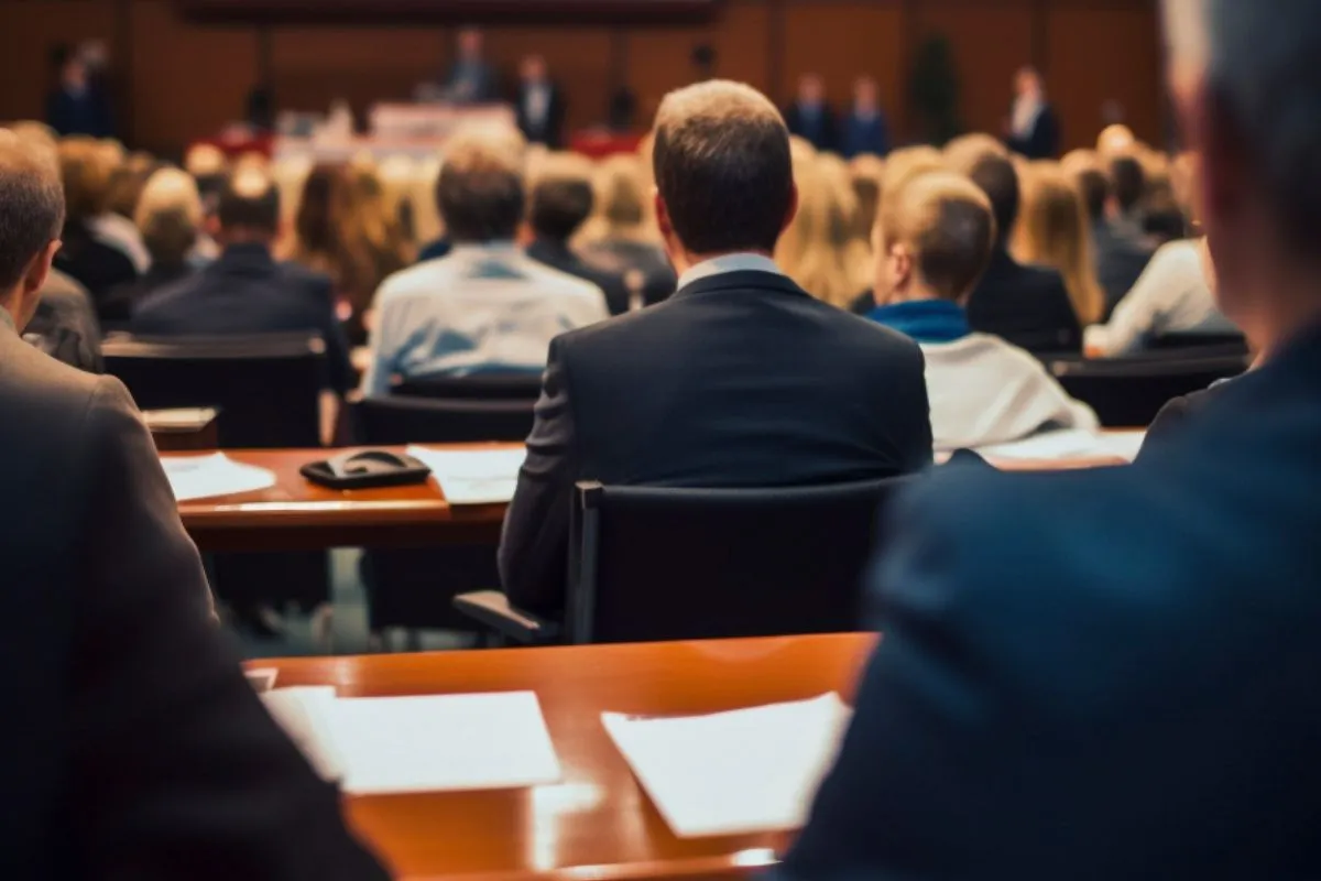 Audiência com líderes e público em reunião política ou institucional