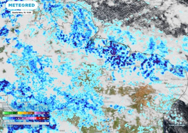 Previsão de precipitação (em mm) para quarta-feira (15) à tarde (15h), segundo o modelo europeu ECMWF