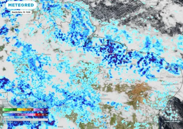 Previsão de precipitação (em mm) para quarta-feira (15) à tarde (15h), segundo o modelo europeu ECMWF
