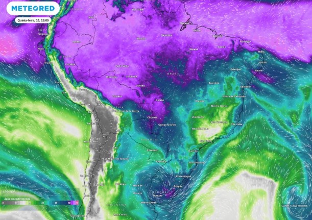 Índice de chuvas para a tarde para a tarde desta quinta-feira (16), segundo o modelo ECMWF