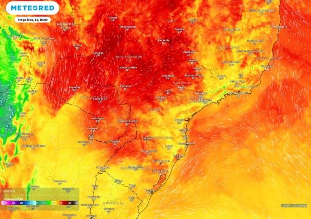 Temperatura mínima prevista para a tarde desta terça-feira (14), de acordo com o modelo ECMWF