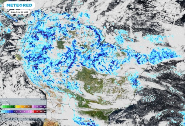 O mapa de precipitações para o período da tarde desta sexta-feira (24) sobre o Norte e Nordeste do Brasil